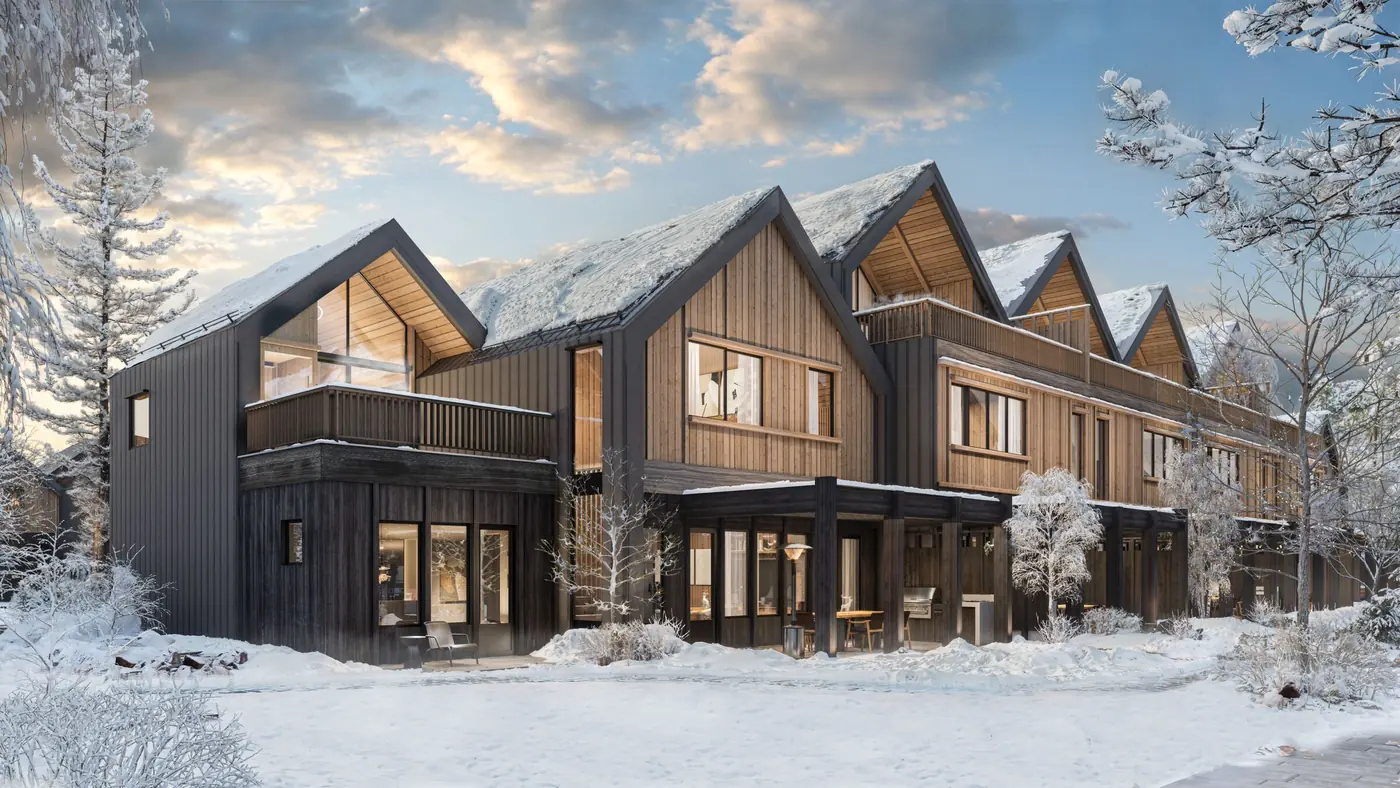 Rendering of the gabled timber villas in winter